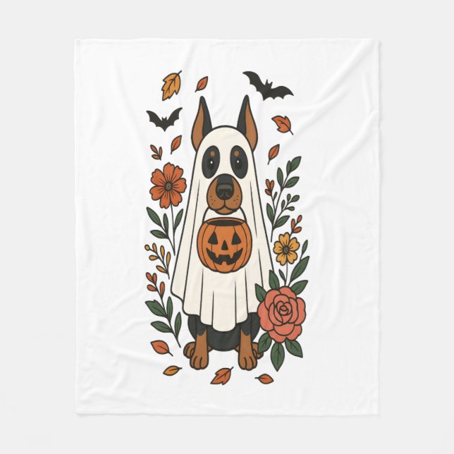 Halloween Doberman Pinscher Flowers Fleecefilt (Framsidan)