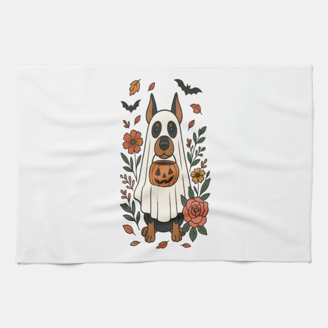 Halloween Doberman Pinscher Flowers Kökshandduk (Horisontell)