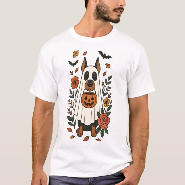 Halloween Dobermann Pinscher Blommor T Shirt (Framsida)