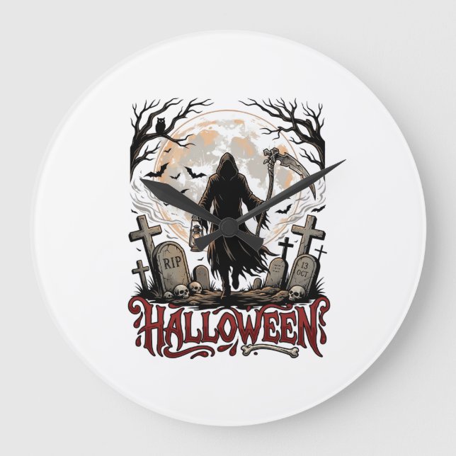 Halloween Döden Lykta Fullmåne Gravstenar Stor Klocka (Framsida)