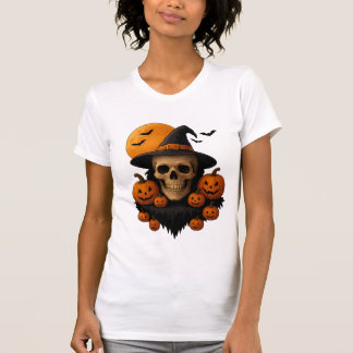 Halloween Dödskalle Med Pumpa och Häxhatt T-Shirt