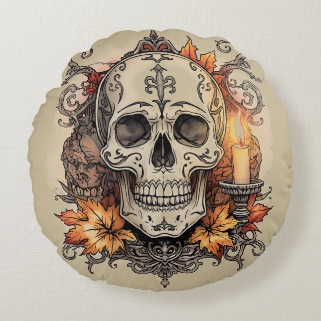 Halloween, Dödskalle-mönster, Ljus Calavera Rund Kudde (Framsidan)