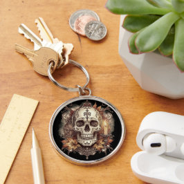 Halloween, Dödskalle-mönster, Ljus Calavera Rund Silverfärgad Nyckelring