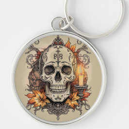 Halloween, Dödskalle-mönster, Ljus Calavera Rund Silverfärgad Nyckelring