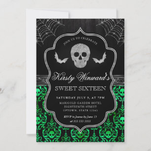 Halloween Dödskalle och Fladdermus Damask Sweet 16 Inbjudningar