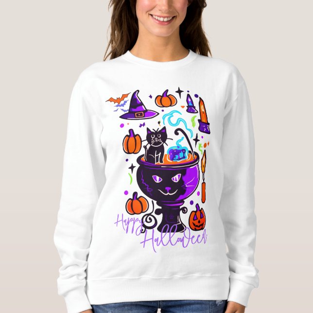 Halloween Doodle Graphic Cat Witch Pumpkin Hoodie T Shirt (Framsida)