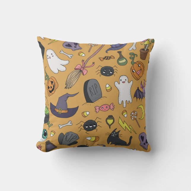 Halloween Doodle Objects Seamless Mönster Kudde (Framsida)