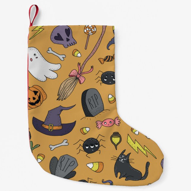 Halloween Doodle Objects Seamless Mönster Liten Julstrumpa (Framsidan)