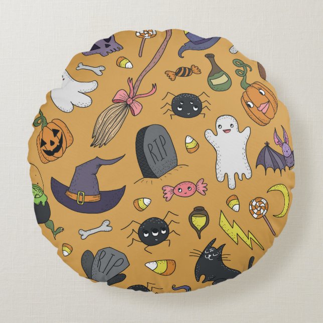 Halloween Doodle Objects Seamless Mönster Rund Kudde (Framsidan)