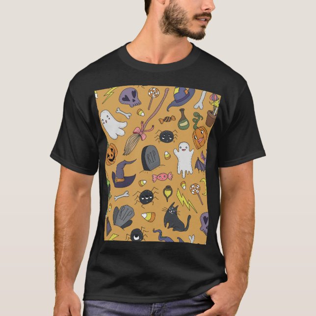 Halloween Doodle Objects Seamless Mönster T Shirt (Framsida)