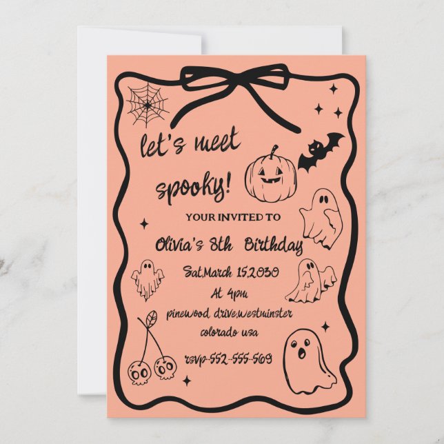 halloween doodle spöktid flickors födelsedag  inbjudningar (Framsida)