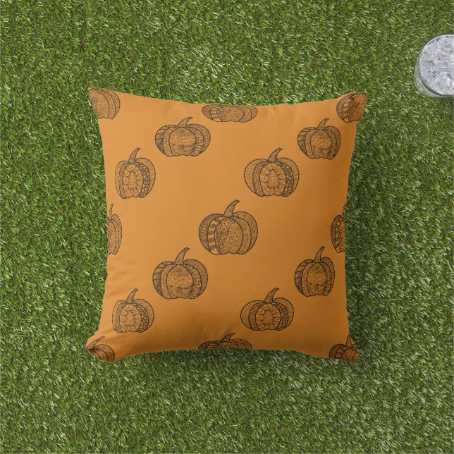 Halloween doodles boho zentangles pumpkins Autumn Kudde (Gräs)