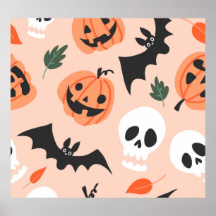 Halloween doodles, pumpor, fladdermus mönster. poster
