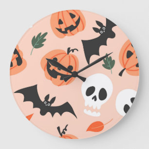 Halloween doodles, pumpor, fladdermus mönster. stor klocka