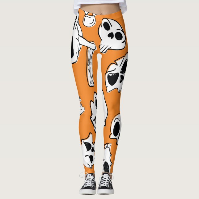 Halloween Döskallar Bones Doodle Mönster Leggings (Framsida)