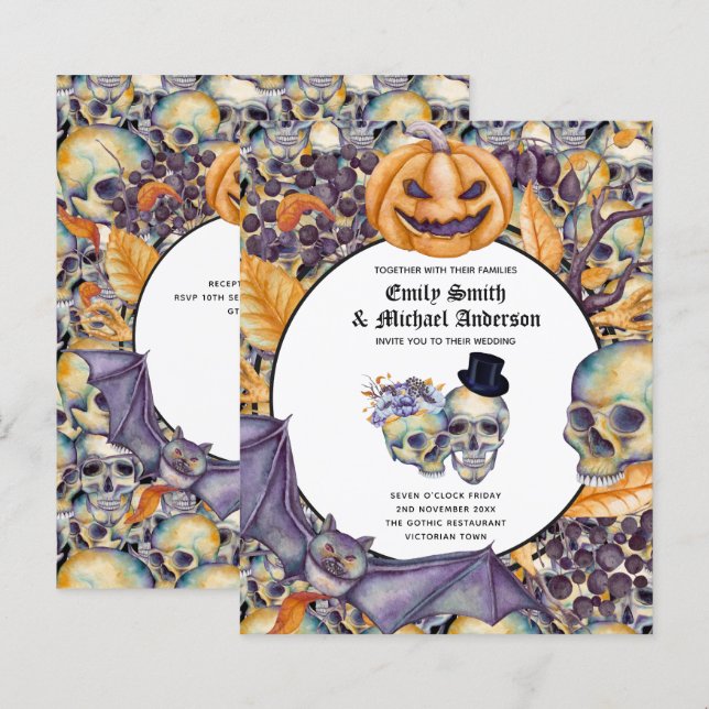 HALLOWEEN-Döskallar för WEDDING-inbjudan till bäst (Fram/baksida)