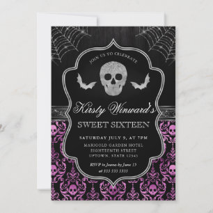 Halloween Döskalle och Fladdermus Damask Sweet 16 Inbjudningar