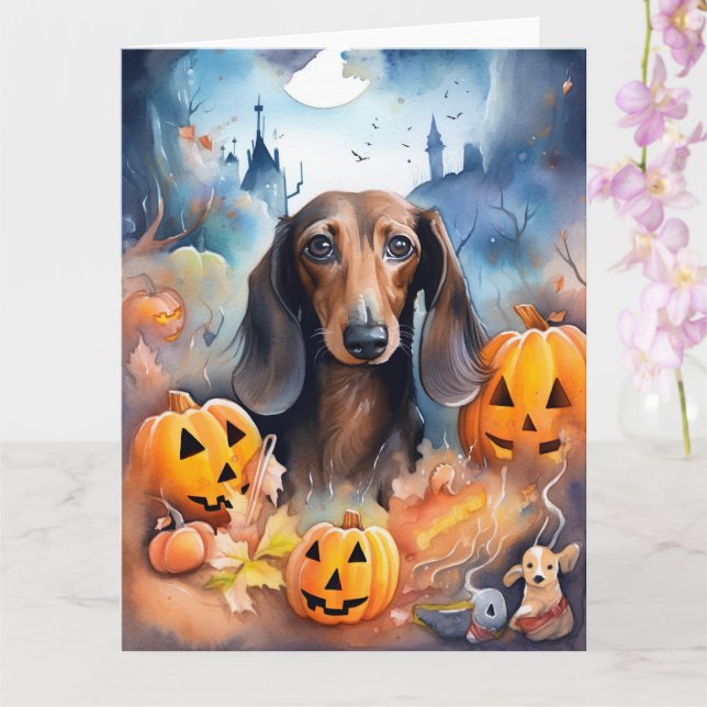 Halloween-doxshund med pumpor skrämmande kort (Orkide)