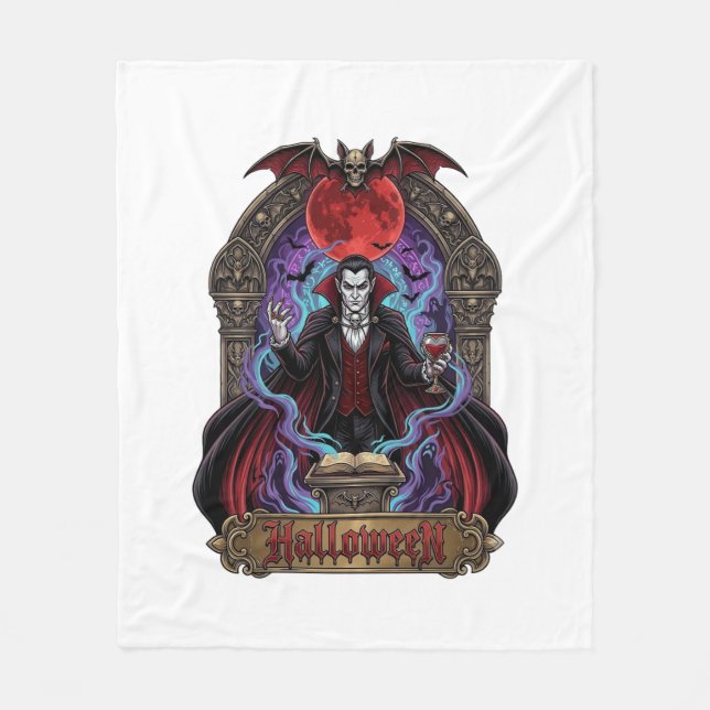 Halloween Dracula Röd Måne Fladdermöss Skalle_1 Fleecefilt (Framsidan)