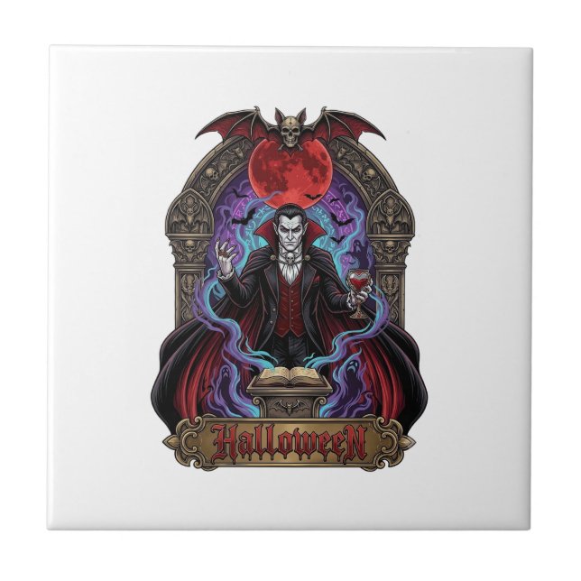 Halloween Dracula Röd Måne Fladdermöss Skalle_1 Kakelplatta (Framsidan)