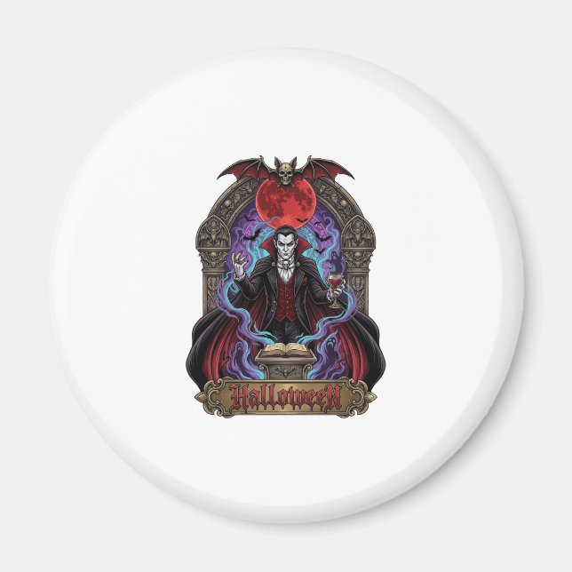 Halloween Dracula Röd Måne Fladdermöss Skalle_1 Magnet (Framsidan)