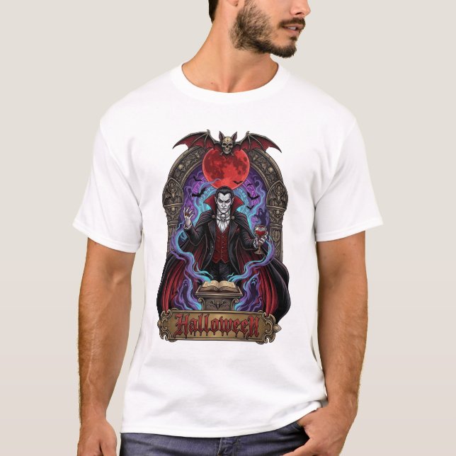 Halloween Dracula Röd Måne Fladdermöss Skalle_1 T Shirt (Framsida)