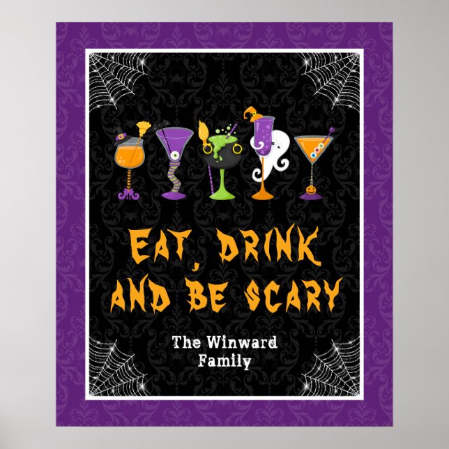 Halloween Drinkar Lila Damask Festskylt Poster (Framsidan)