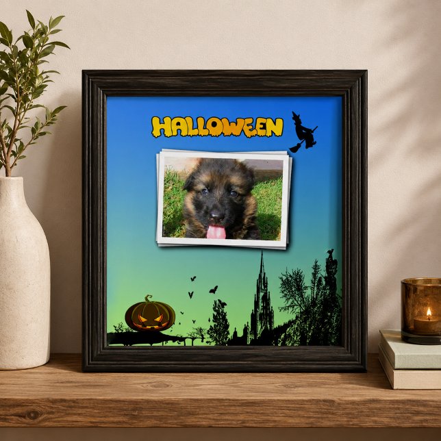 Halloween Dusk med Witch Lägg till bild Ram Kakelplatta (Halloween Dusk with Witch Add Photo Frame Ceramic Tile)
