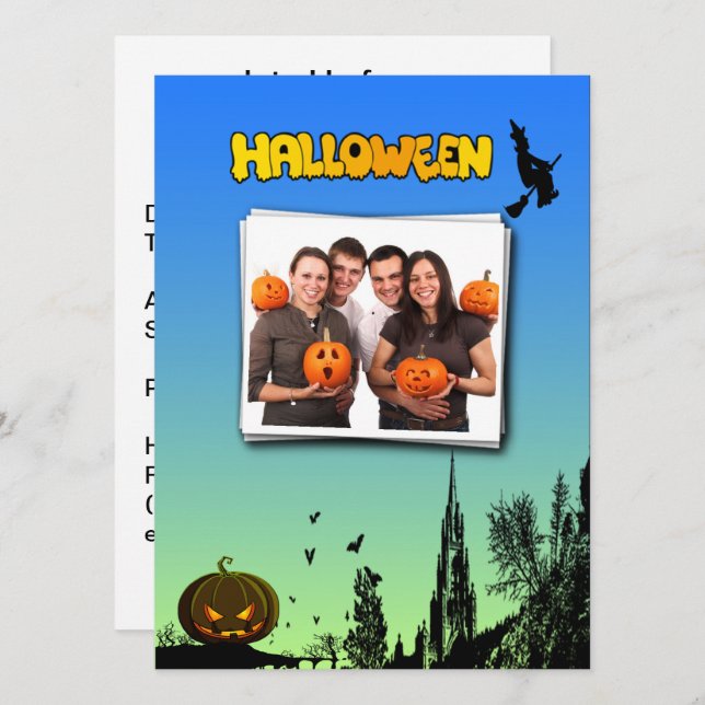 Halloween Dusk Witch Pumpkin Anpassningsbar Photo  Inbjudningar (Fram/baksida)