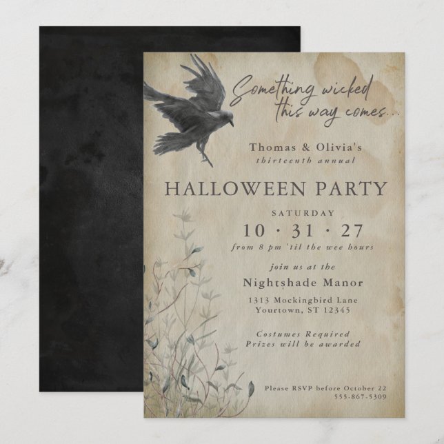 Halloween | Eerie Gothic Watercolor Raven Inbjudningar (Fram/baksida)
