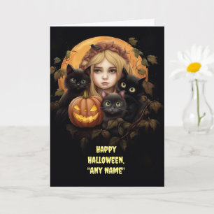 Halloween-eget namn Cute Svarta katter och Girl Kort
