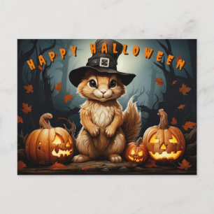 Halloween-ekorre i vinschar som innehåller pumpor helg vykort