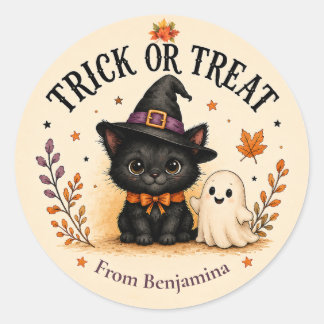 Halloween- eller bus eller godis Svart katt & spök Runt Klistermärke