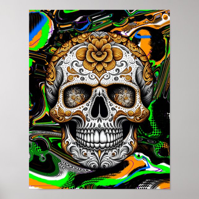 Halloween eller Día de Muertos Sugar Skull Fluid A Poster (Framsidan)