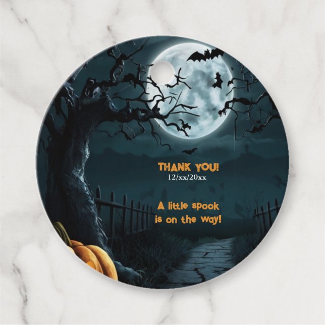 Halloween, en liten pratbubbla Pumpkin Baby Shower Gåvor Etiketter (Framsida)