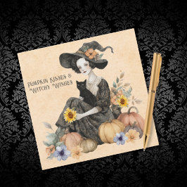 Halloween Enchanting Witch Cat Pumpkins & Flowers Julkort
