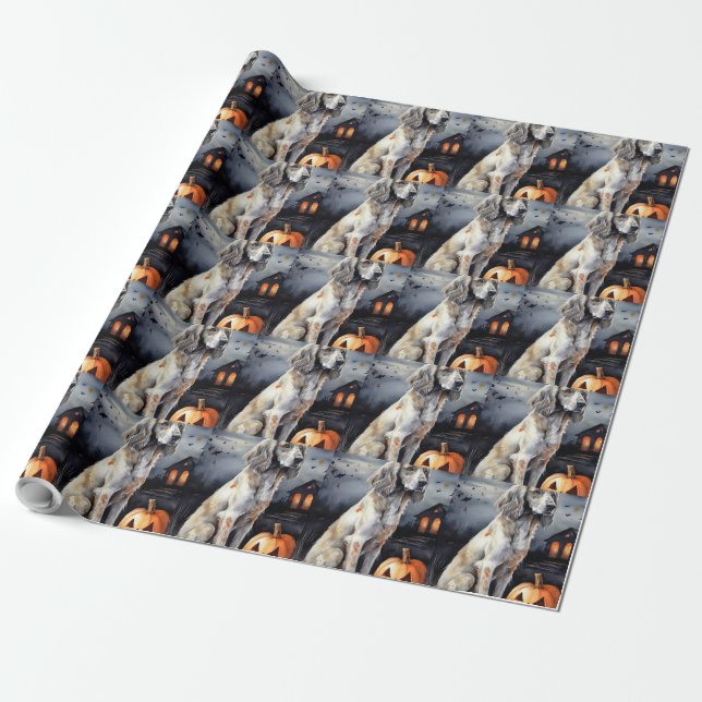 Halloween Engelsk Setter Med Pumpa Skräckinjagande Presentpapper (Utrullad)