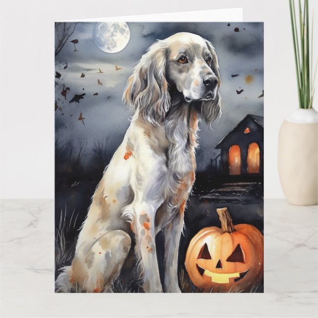 Halloween Engelsk Setter Med Pumpa Skrämmande Kort (Framsida)