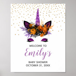 Halloween Enhörning Baby Shower Lila Välkomstskylt Poster