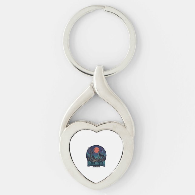 Halloween Est Howling Wolf Red Moon Zombie Hand_1 Twisted Heart Silverfärgad Nyckelring (Framsidan)