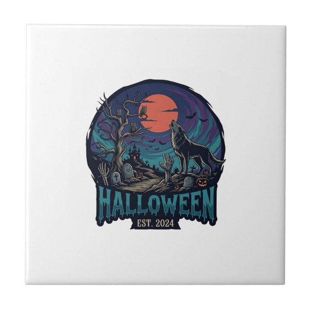 Halloween Est Howling Wolf Röd Mån Zombie Hand_1 Kakelplatta (Framsidan)
