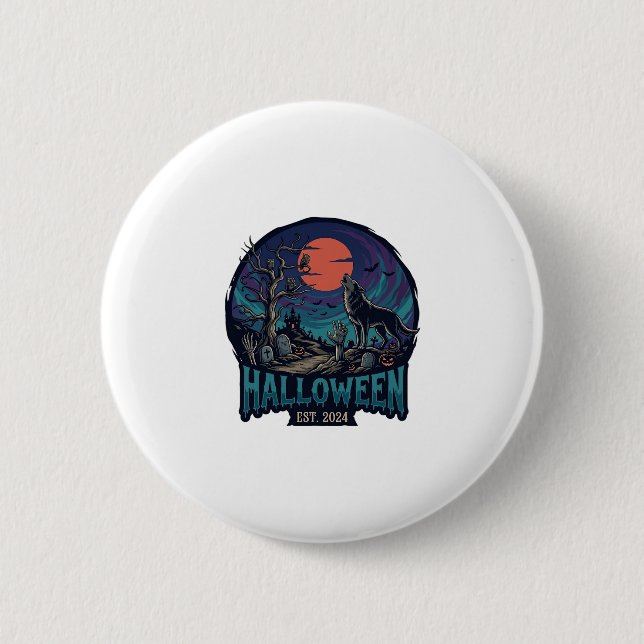 Halloween Est Howling Wolf Röd Mån Zombie Hand_1 Knapp (Framsida)