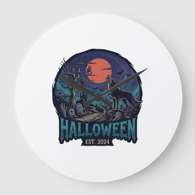 Halloween Est Howling Wolf Röd Mån Zombie Hand_1 Stor Klocka (Framsida)