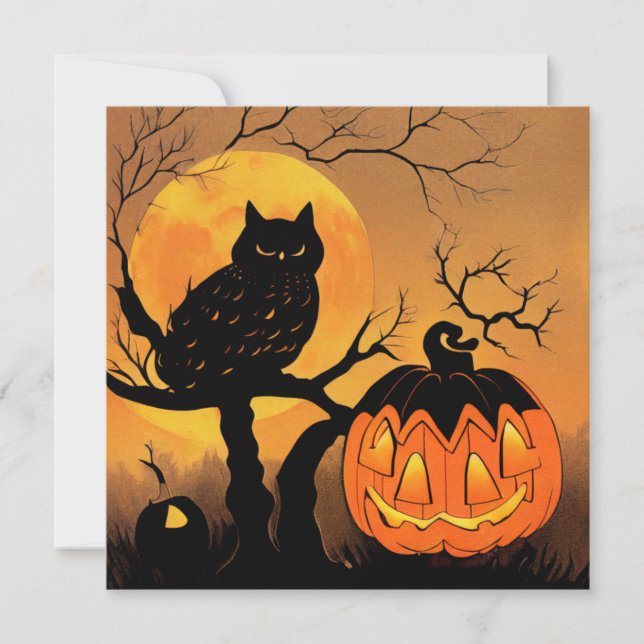Halloween. Eule im Baum mit Kürbis. Mond. Kort (Framsida)