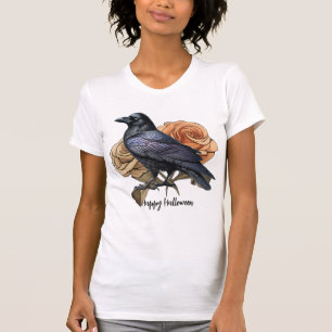 Halloween Evil Black Kråka Orange Flowers Women T Shirt