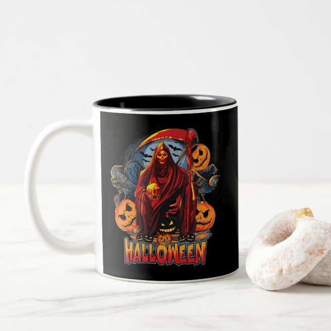 Halloween Evil skeleton, Pumpkin Två-Tonad Mugg (Med munk)