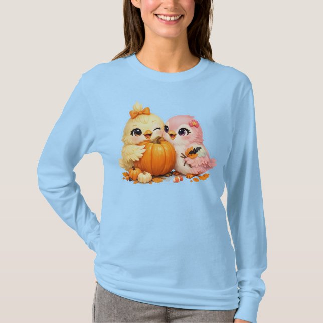 Halloween Fågel Vänner Dam Långärmad T Shirt (Framsida)