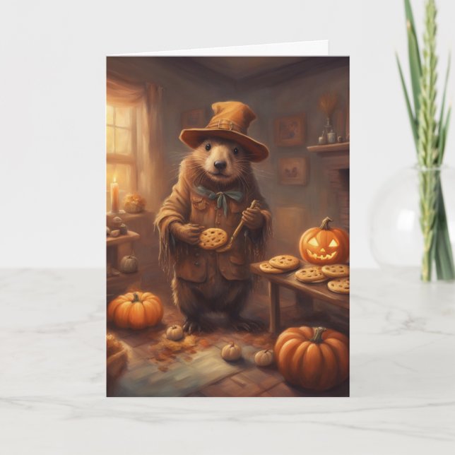 Halloween Fågelskrämma Bäver Bakande Kakor Kort (Framsida)