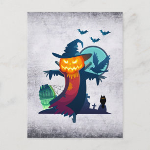 Halloween-fågelskrämma med fladdermöss, kråka och  vykort