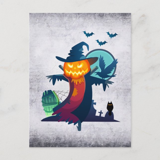 Halloween-fågelskrämma med fladdermöss, kråka och  vykort (Framsida)